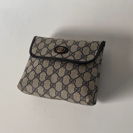 GUCCI オールドグッチ  GG柄コーティングキャンバス フラップ付ミニポーチ ネイビー  ヴィンテージポーチ 18.5cm