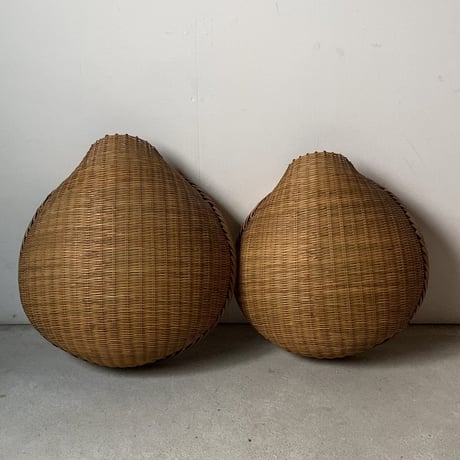 丸い片口ざる 入れ子2点セット  竹編みザル 竹笊 竹籠 竹工芸 竹細工 工芸品 手仕事 古民藝 古民具 古道具 ジャパンヴィンテージ