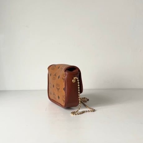 MCM オールドエムシーエム ヴィセトス柄 モノグラム コニャック ボールチェーン ミニミニショルダーバッグ フラップ ポシェット 中古美品
