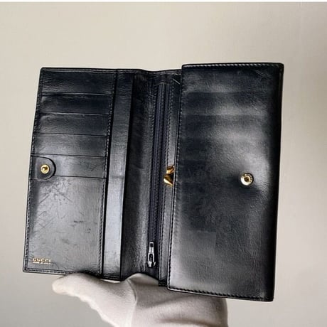 GUCCI  オールドグッチ  ロングウォレット ホースシューゴールド金具 ブラックスムースレザー 2つ折 がま口 70s80s ヴィンテージウォレット