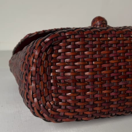 70s VINTAGE bag  OFFEL paris  オフィール パリス　レザー総編みハンドバッグ ケリー型 イントレチャート ブラウン クルミボタン 本革 革編み 中古良品