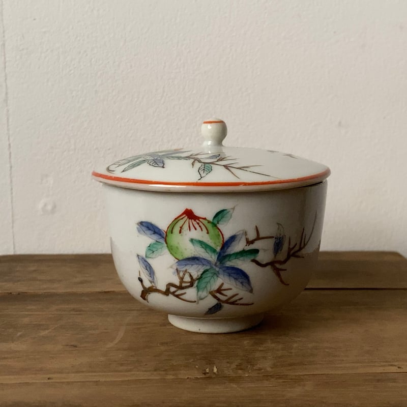 松風 古い茶器セット(急須+蓋茶碗5客) 桃柄 桃図 植物画 竹持ち 松風 古い茶器セット(急須+蓋茶碗5客) 桃柄 桃図 植物画 竹持ち