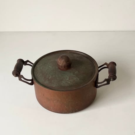 Old COPPER100 HOMEWARE 新光金属 コッパー100 ホームウェア 純銅ヴィンテージ コルドロン 両手鍋 20cm 木製ハンドル 木製摘み  ヴィンテージキッチンツール  中古良品