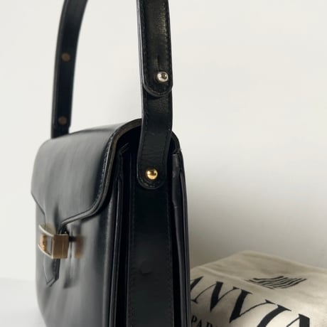 80s VINTAGE LANVIN レザー 2wayショルダーバッグ/ハンドバッグ  フランス製 総革 黒/ゴールド金具 金ロゴ ブラック ヴィンテージバッグ オールドランバン 保存袋付 中古良品