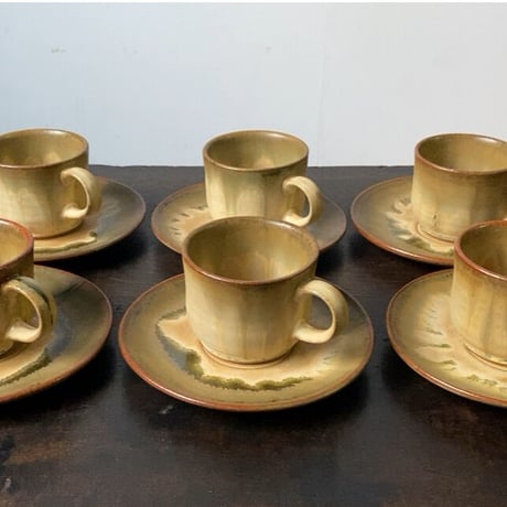 昭和期コーヒーカップ&ソーサー6客セット 窯元不明 黄釉 民藝 傷無し完品