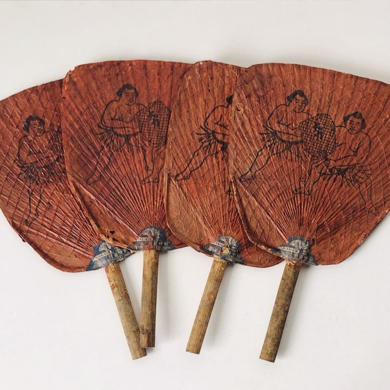 お相撲さん柄 古い団扇 戦前 竹のうちわ 13点セット 力士 大力 柿渋