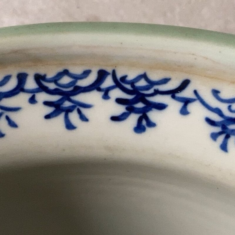 古い半胴甕 幅30.5cm 伊万里 染付青磁 水差 青磁釉 目跡 古作