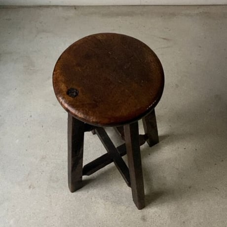 古い木製スツール 節有り広葉樹座面 トロトロ黒光 極上ヴィンテージスツール 丸椅子 木製無垢材 戦前古作 完品