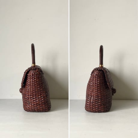 70s VINTAGE bag  OFFEL paris  オフィール パリス　レザー総編みハンドバッグ ケリー型 イントレチャート ブラウン クルミボタン 本革 革編み 中古良品