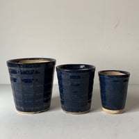 古い植木鉢. 瑠璃釉 格子紋様3鉢セット　70sオールドポット 入れ子3サイズ。