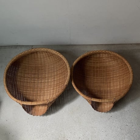 丸い片口ざる 入れ子2点セット  竹編みザル 竹笊 竹籠 竹工芸 竹細工 工芸品 手仕事 古民藝 古民具 古道具 ジャパンヴィンテージ