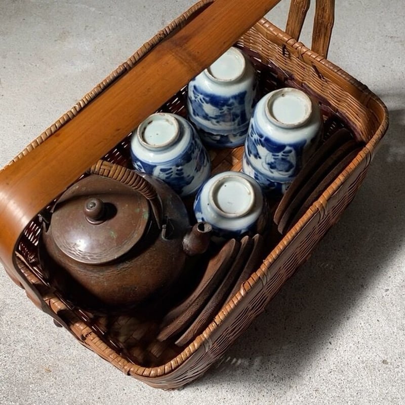 古い手提げ籠 竹かご ワンハンドルバスケット 茶器籠 ヴィンテージカゴ
