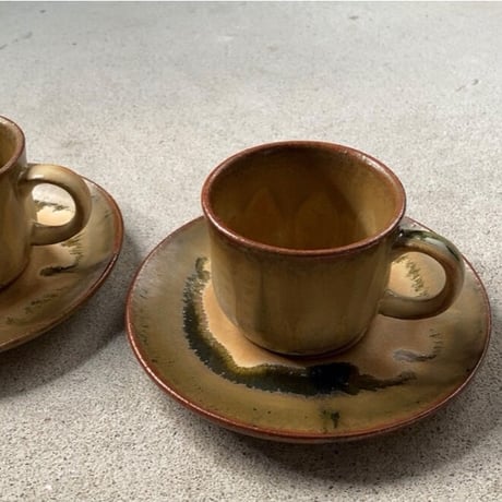 昭和期コーヒーカップ&ソーサー6客セット 窯元不明 黄釉 民藝 傷無し完品