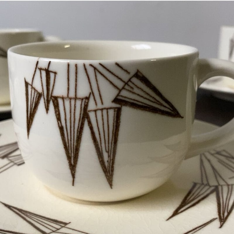 知山窯 コーヒーカップ&ソーサー5客セット 白磁＋幾何学模様絵付