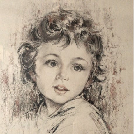 少女人物画　パステル・水彩　額 木製無垢材 デザイン・コンデイション良好