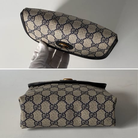 GUCCI オールドグッチ  GG柄コーティングキャンバス フラップ付ミニポーチ ネイビー  ヴィンテージポーチ 18.5cm