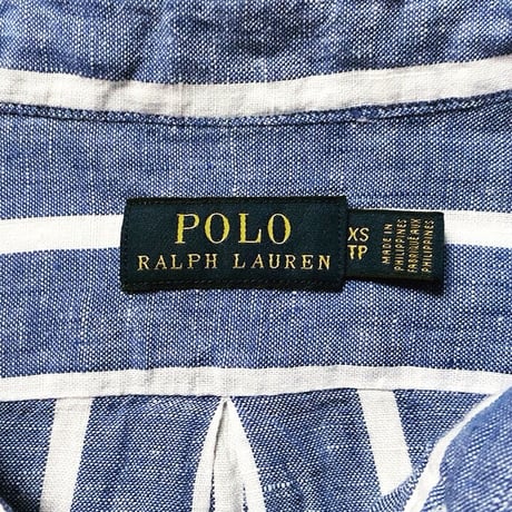 POLO RALPH LAUREN ポロ ラルフローレン 2020年製 クロップドリネンシャツ 青/白 ストライプ ドロップショルダー size XS  USED美品