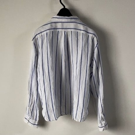 POLO RALPH LAUREN ポロ ラルフローレン 2020年製 クロップドリネンシャツ 白/青ストライプ ドロップショルダー size XS  USED 美品