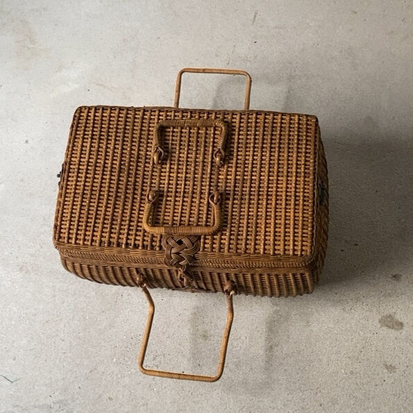 古い茶籠 ヴィンテージラタンカゴ 幅約40cm 籐編みの手提げ籠 茶カゴ