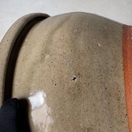 古いこね鉢(濃緑) 幅約26cm 灰釉 荒い目跡 昭和初期 小ぶり メダカ鉢 水栽培 ビオトープ  ニュウ ホツあり