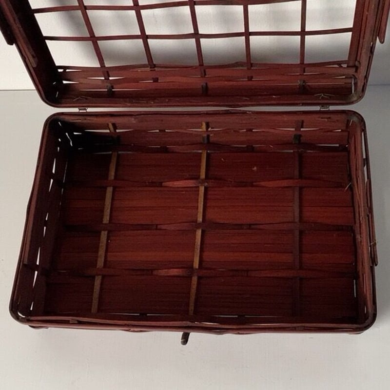 アンティーク 蓋付き竹編ボックス ひしぎ編み 蓋格子編み 楔ロック鍵