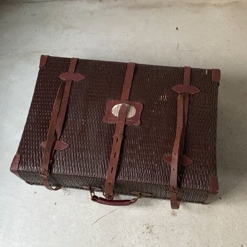 昭和初期 古い柳行李のトランク レザーバンド/レザーハンドル/レザー