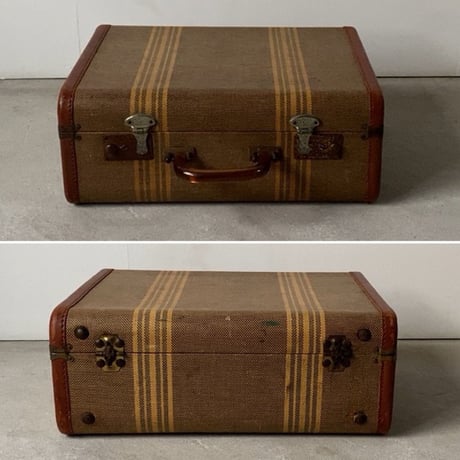 アンティークトランク 琥珀ハンドル ライン紋様 マスタード/ダークベージュ ヴィンテージ小型トランク 38cm 状態良好 鍵無し