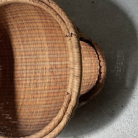 丸い片口ざる 入れ子2点セット  竹編みザル 竹笊 竹籠 竹工芸 竹細工 工芸品 手仕事 古民藝 古民具 古道具 ジャパンヴィンテージ