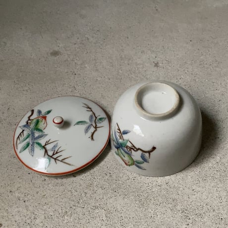 松風 古い茶器セット(急須+蓋茶碗5客) 桃柄 桃図 植物画   竹持ち手 湯呑 煎茶器
