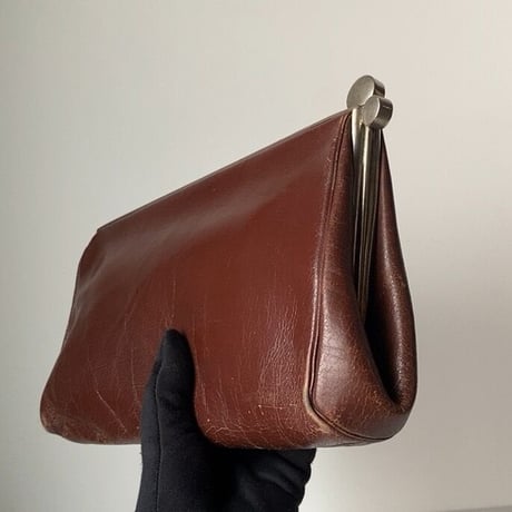 ヴィンテージ がま口 クラックバッグ ポーチ セカンドバッグ  レザー ボルドー系ブラウン 60s70s マチ有り 蛇腹開口 革鞄