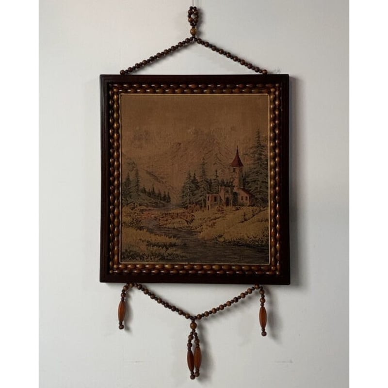 ヴィンテージ ウッドビーズとゴブラン織の壁飾り キャッスルモチーフ