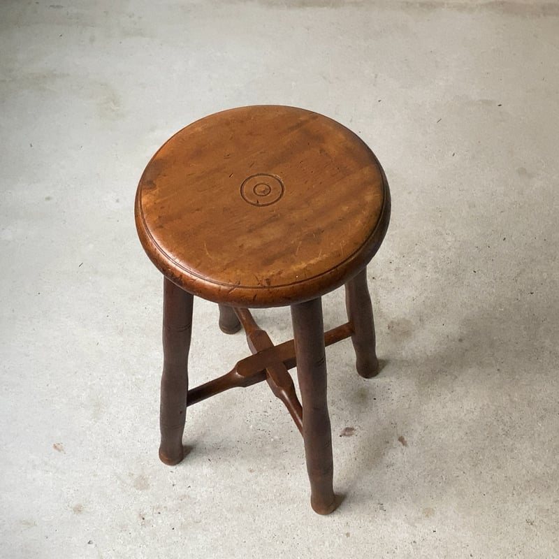 アンティーク丸椅子 広葉樹座面 木肌・木目・艶感良好 古い木の椅子