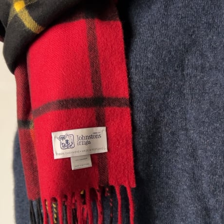 Johnstons of Elgin  ジョンストンズ カシミヤ中判ストール(180×37cm) マフラー CASHMERE100%  タータンチェック 赤/黒/黄  中古極美品