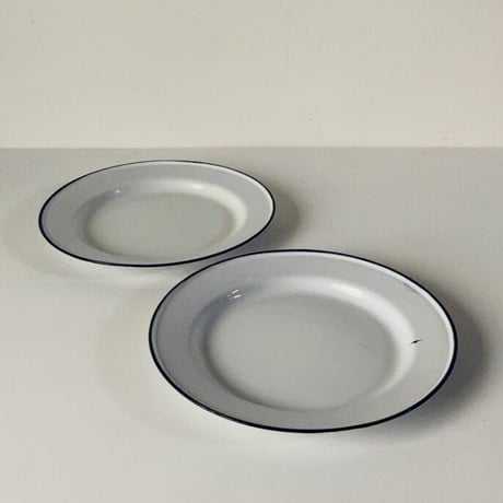 SKER SWEDEN スエーデン製 ヴィンテージ ホーロー皿 24cm 2枚セット 琺瑯 白/紺 ネイビー