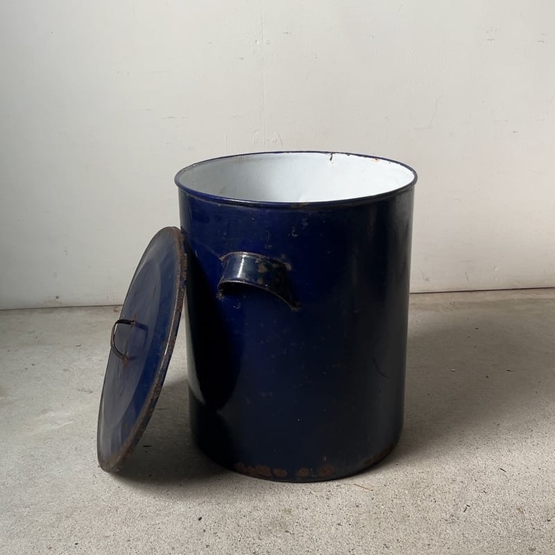 古いホーロー 特大 蓋付き キャニスター ダークネイビー ヴィンテージ