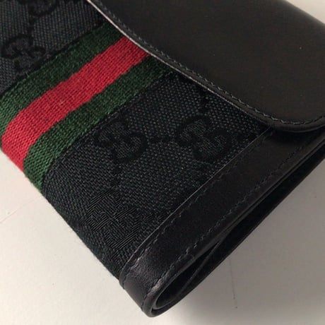 GUCCI オールドグッチ 2つ折りWホックコンパクトウォレット ミニ財布 レザー/ GGキャンバス ブラック 極美品　ヴィンテージウォレット