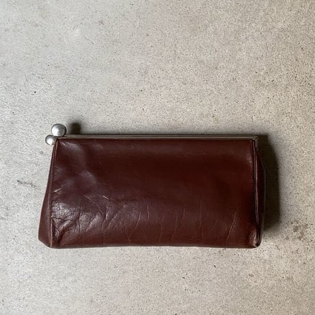 ヴィンテージ がま口 クラックバッグ ポーチ セカンドバッグ  レザー ボルドー系ブラウン 60s70s マチ有り 蛇腹開口 革鞄