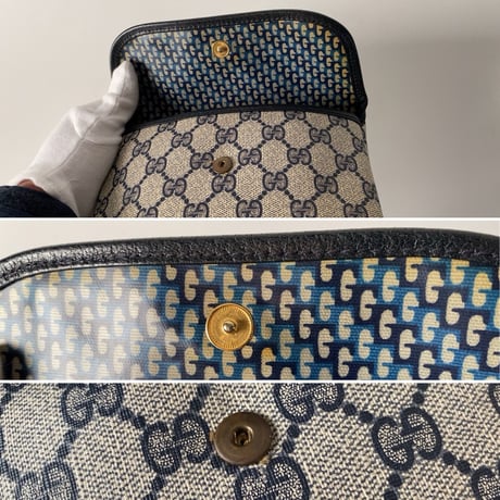 GUCCI オールドグッチ  GG柄コーティングキャンバス フラップ付ミニポーチ ネイビー  ヴィンテージポーチ 18.5cm