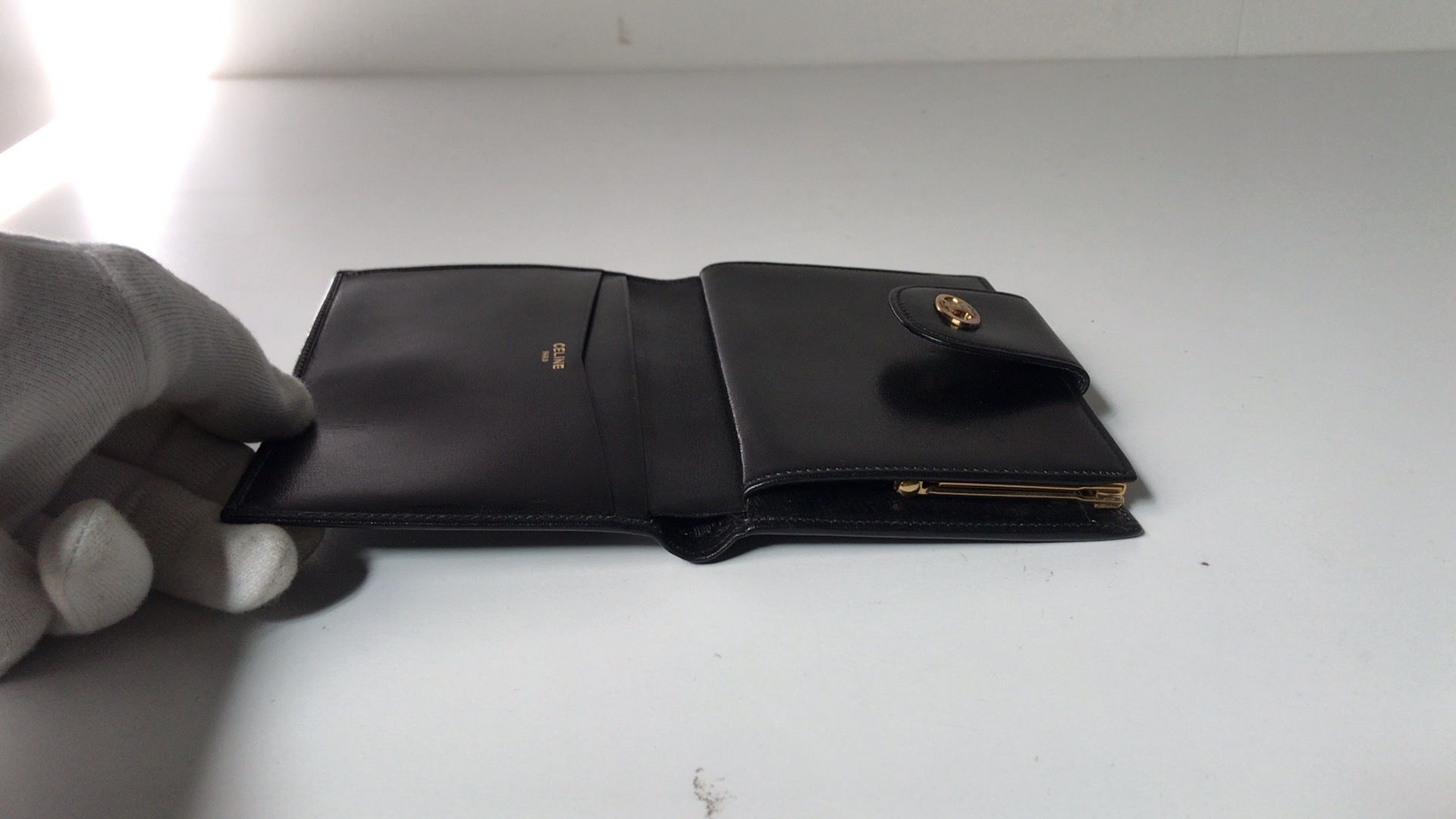 CELINE セリーヌ ガマ口 コンパクト財布 マカダム カーフレザー