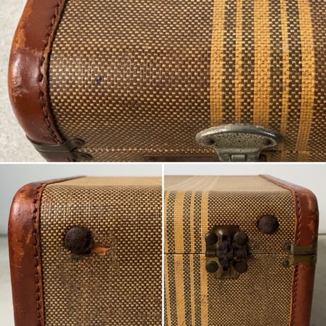 アンティークトランク 琥珀ハンドル ライン紋様 マスタード/ダークベージュ ヴィンテージ小型トランク 38cm 状態良好 鍵無し