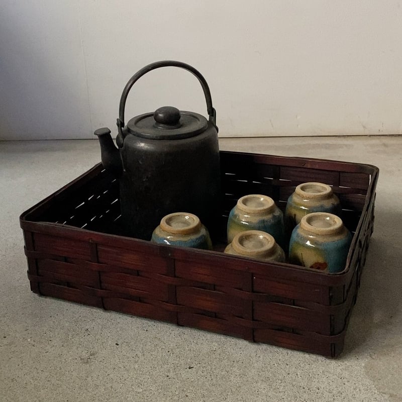 古い竹の平籠 ひしぎ編み 古作工芸品 手仕事 赤竹 中型道具箱 茶器入れ