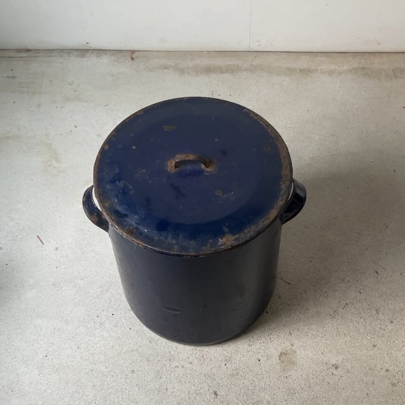 古いホーロー 特大 蓋付き キャニスター ダークネイビー ヴィンテージ