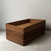 大正期 古い平籠( 3点セット) 竹編み 餅箱型長方形籠 編みかご 縁飾り ヴィンテージカゴ 飴色 グッドエイジング
