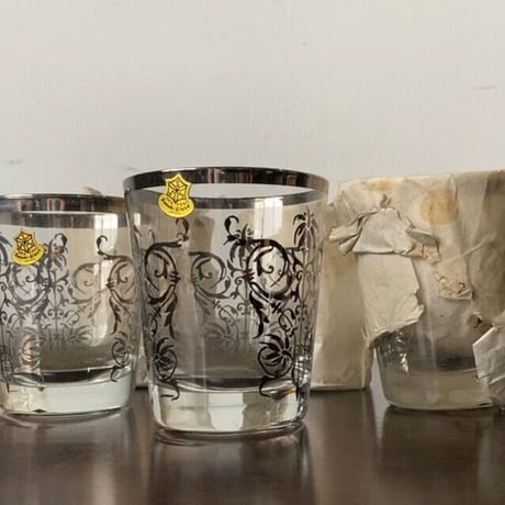 TOYO-SASAKI GLASS  東洋佐々木ガラス 昭和期 デッドストック ガラスコップ5個セット  銀プリント シール有り 未使用品  ロックグラス兼デザートカップ兼ディナーグラス ヴィンテージ