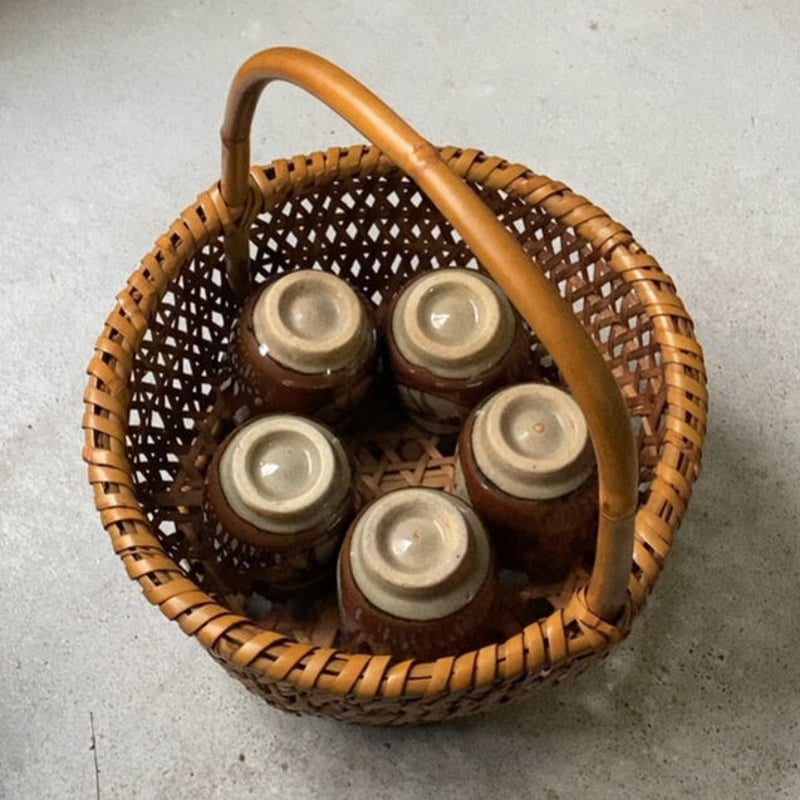 足付き茶碗籠 幅約29cm 竹編丸竹持ち手 ワンハンドルヴィンテージ