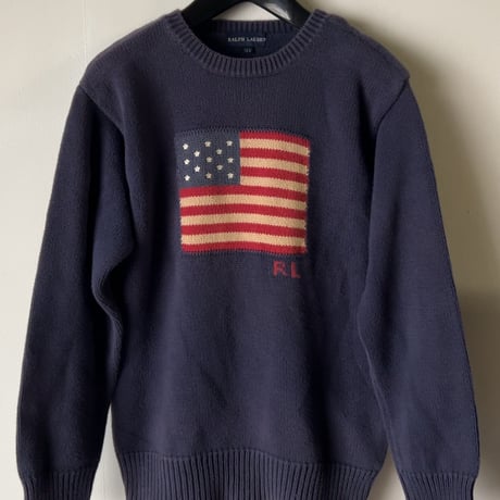 RALPH LAUREN ラルフローレン 星条旗 コットンセーター RLロゴ有り size 160  ヴィンテージ POLO ポロ 中古良品