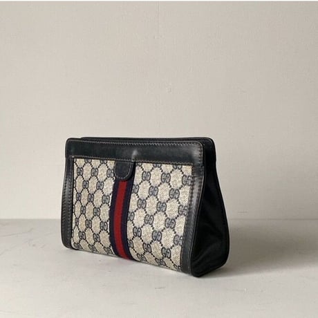 GUCCI PARFUMS  グッチパフューム オールドグッチ  コーティングGGキャンバス/レザー シェリーライン 紺赤  23cm 小型  ヴィンテージ コスメ ポーチ 化粧ポーチ