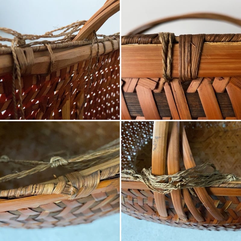 楕円大型の古い竹カゴ アンティーク編みかご 飴色にヤケた美色 竹編 民