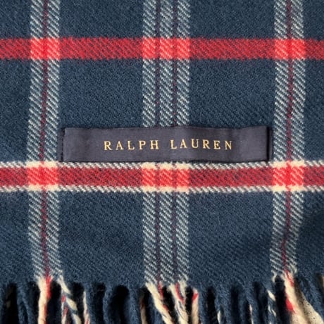 RALPH LAUREN ラルフローレン チェック柄 大判ストール ウール100% ひざ掛け 膝掛け 肩掛け マフラー ダークブルー/赤/白 好配色 POLO ポロ 中古美品