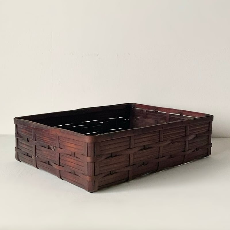古い竹の平籠 ひしぎ編み 古作工芸品 手仕事 赤竹 中型道具箱 茶器入れ